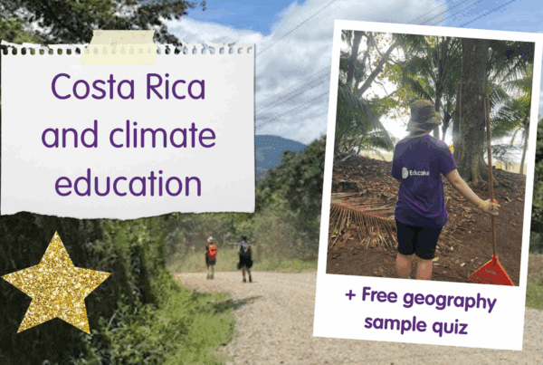 Costa rica and climate education + free geography sample quiz. Image of a sunny day, showcasing a newly paved road in Costa Rica, alongside of an image of Grace, a year 12 student wearing an Educake tshirt and holding a rake.